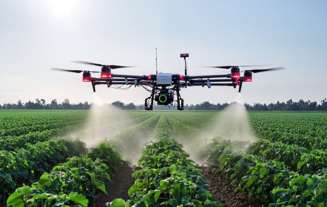 Agricultural drone hovering over a lush green field, advanced technology in agriculture. Sprays water or pesticides. Treating infestations. Clear sunny day. drona