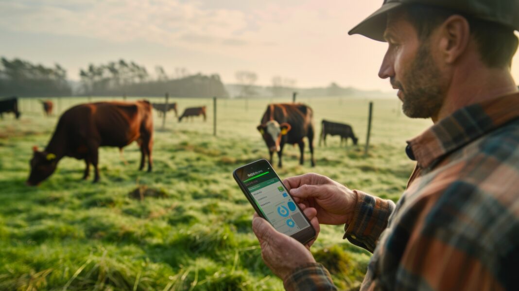 A farmer uses a smartphone app to monitor and manage his cattle in a pasture, embracing modern technology in traditional farming practices.