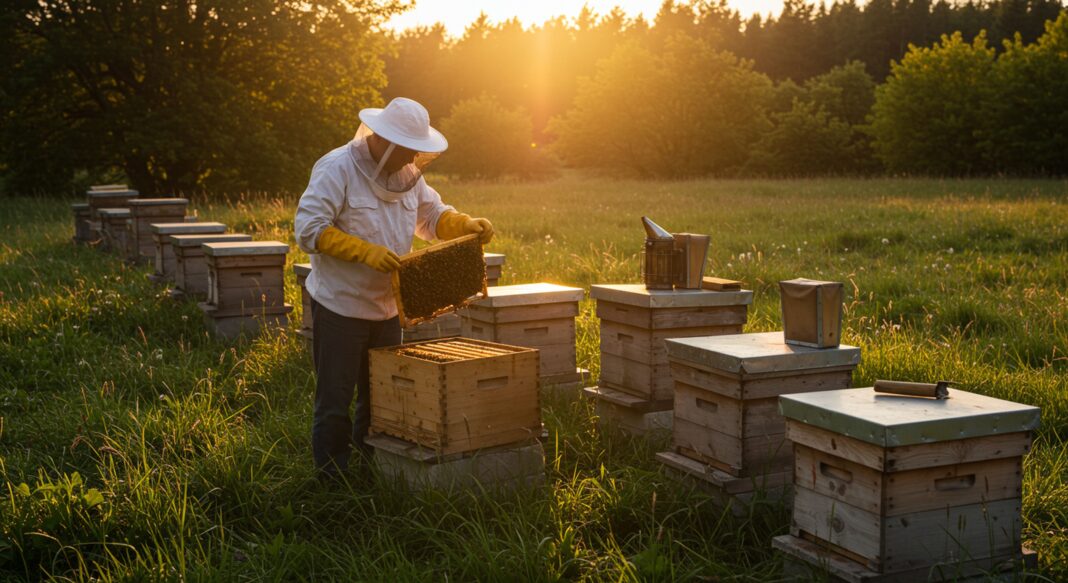 Beekeeper working among beehives at sunset