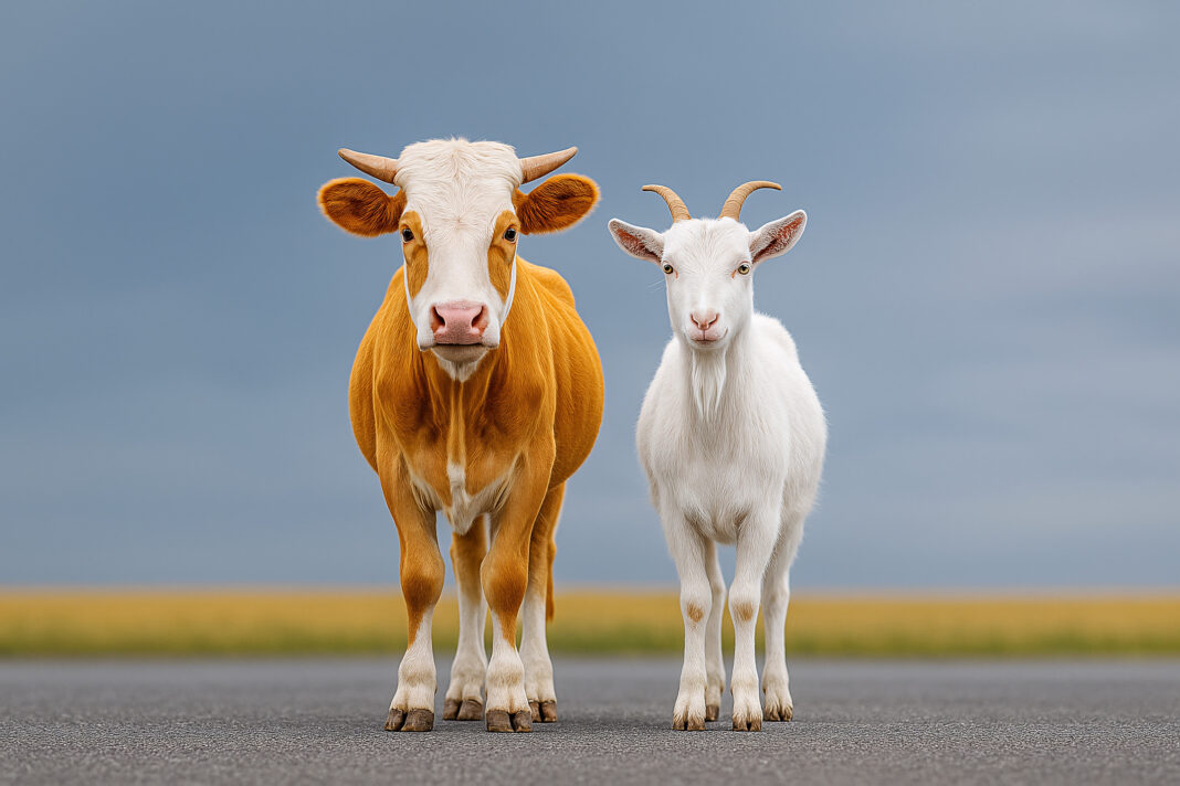 A funny portrait of a cow and a goat standing together on a rural road, looking at the camera.