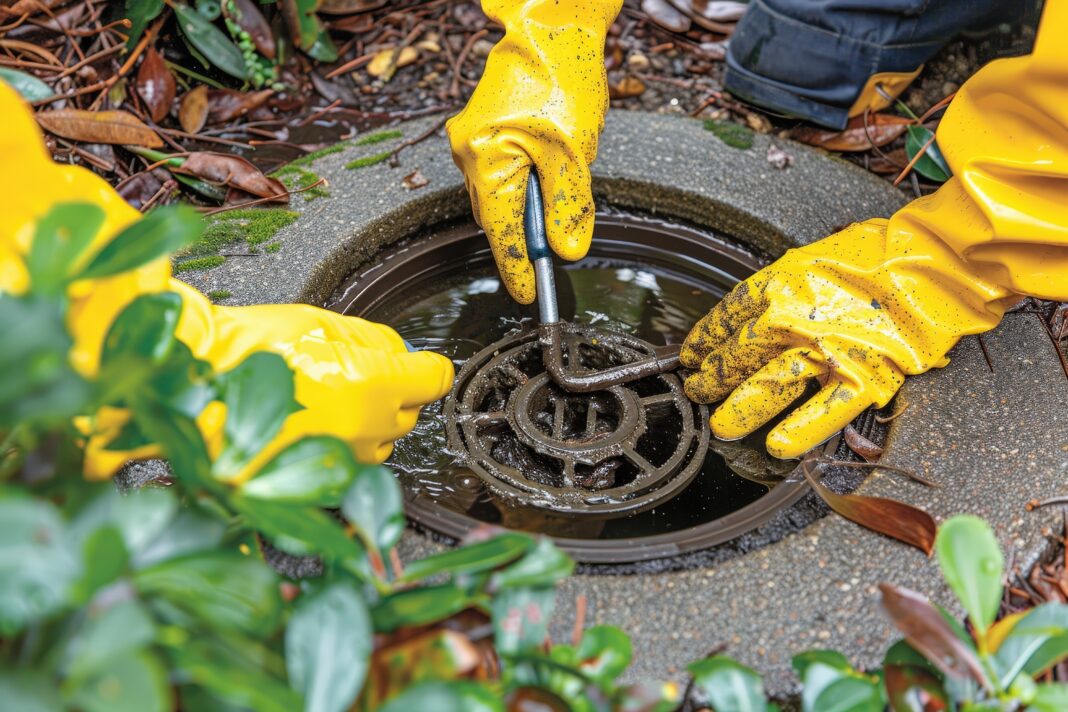 Two people are working on a drain, one of them is wearing yellow gloves