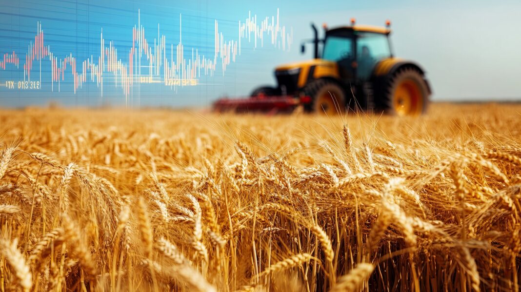 A tractor in a wheat field with a stock market graph overlay, symbolizing wheat etfs