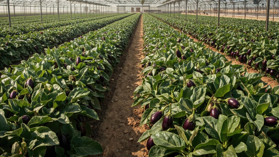 Purple eggplants developing on bushes within an extensive commercial greenhouse for vegetable production