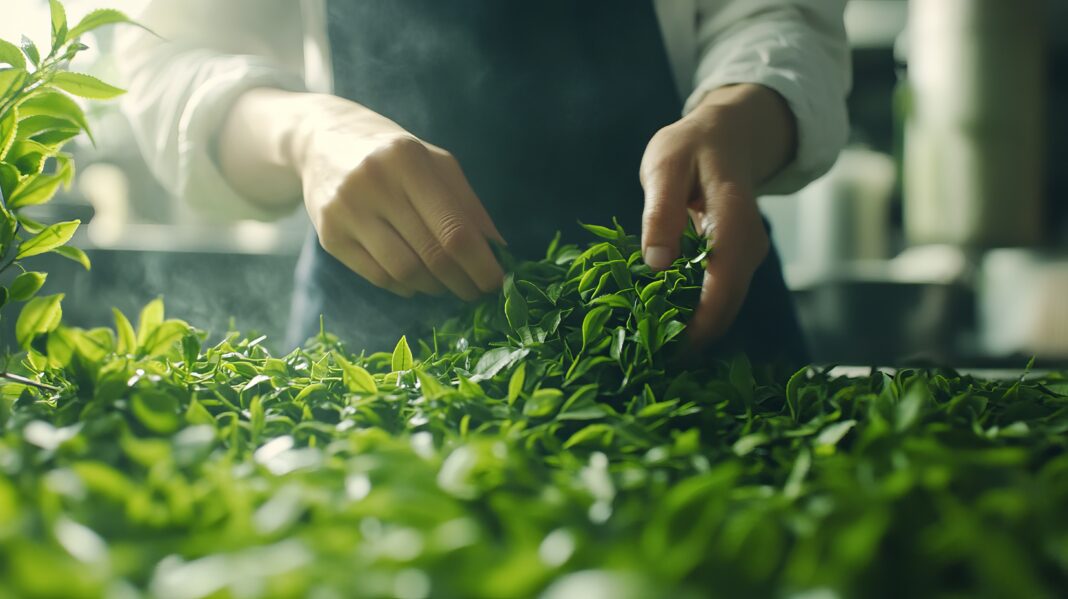 Fresh green tea leaves being carefully handpicked for premium quality tea production eco food farm