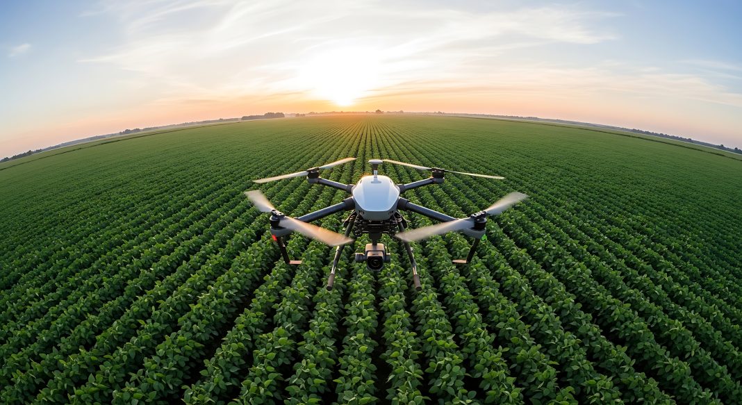 Agricultural drone surveys soybean field at sunset for crop health analysis